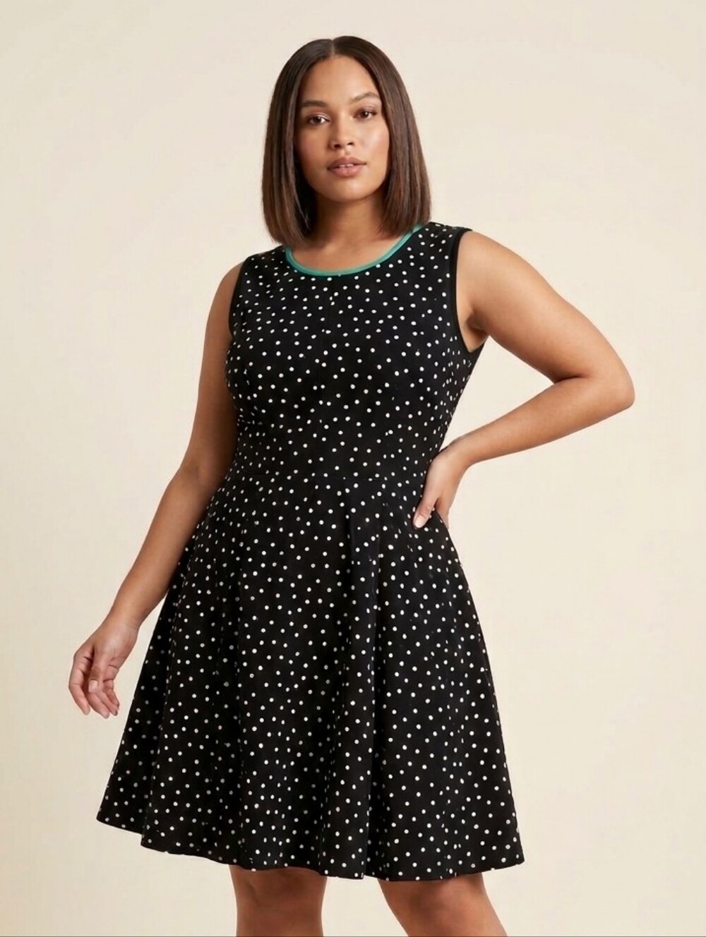 Robbie Bee Polka Dot Fit & Flare Dress Black Green Trim Date Preppy Flirty XL